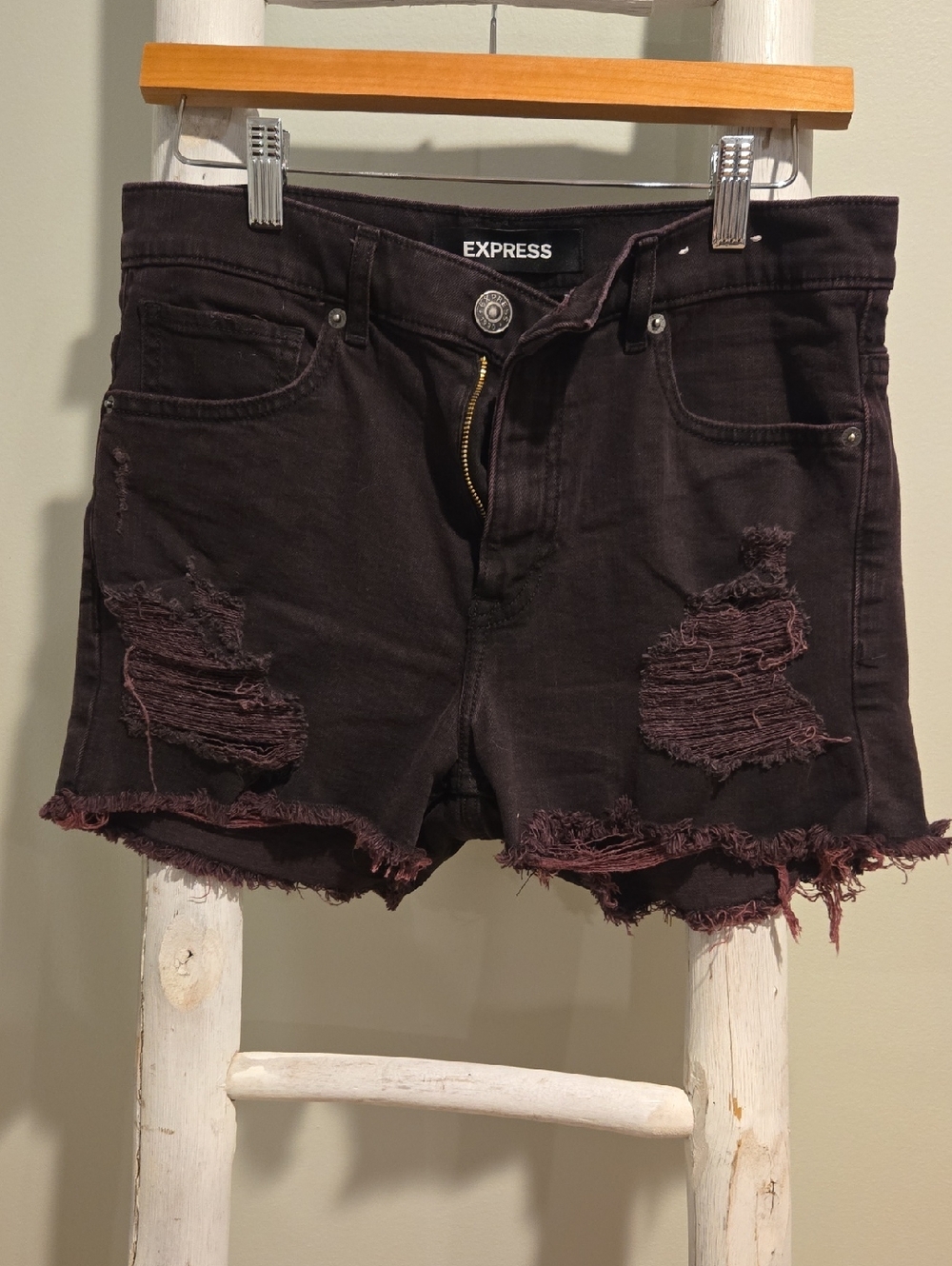 Express Women's Dark Burgundy Distressed Shortie Highrise Denim Shorts Size 4